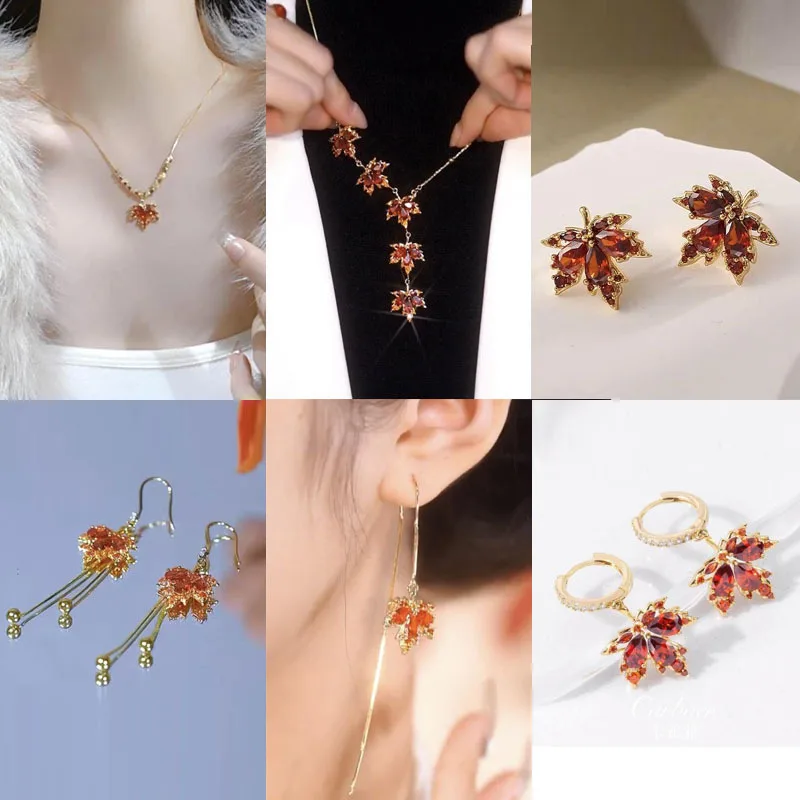 Trendy Maple Leaf Tassel Earrings Fashion Zircon Crystal Luxury Exquisite Female Temperament Earrings Necklace Jewelry Set