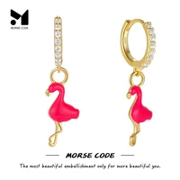 mc s925 silver pink enamel flamingo huggie earrings for women girl s animal hoop earring pendientes jewelry gift brincos aros
