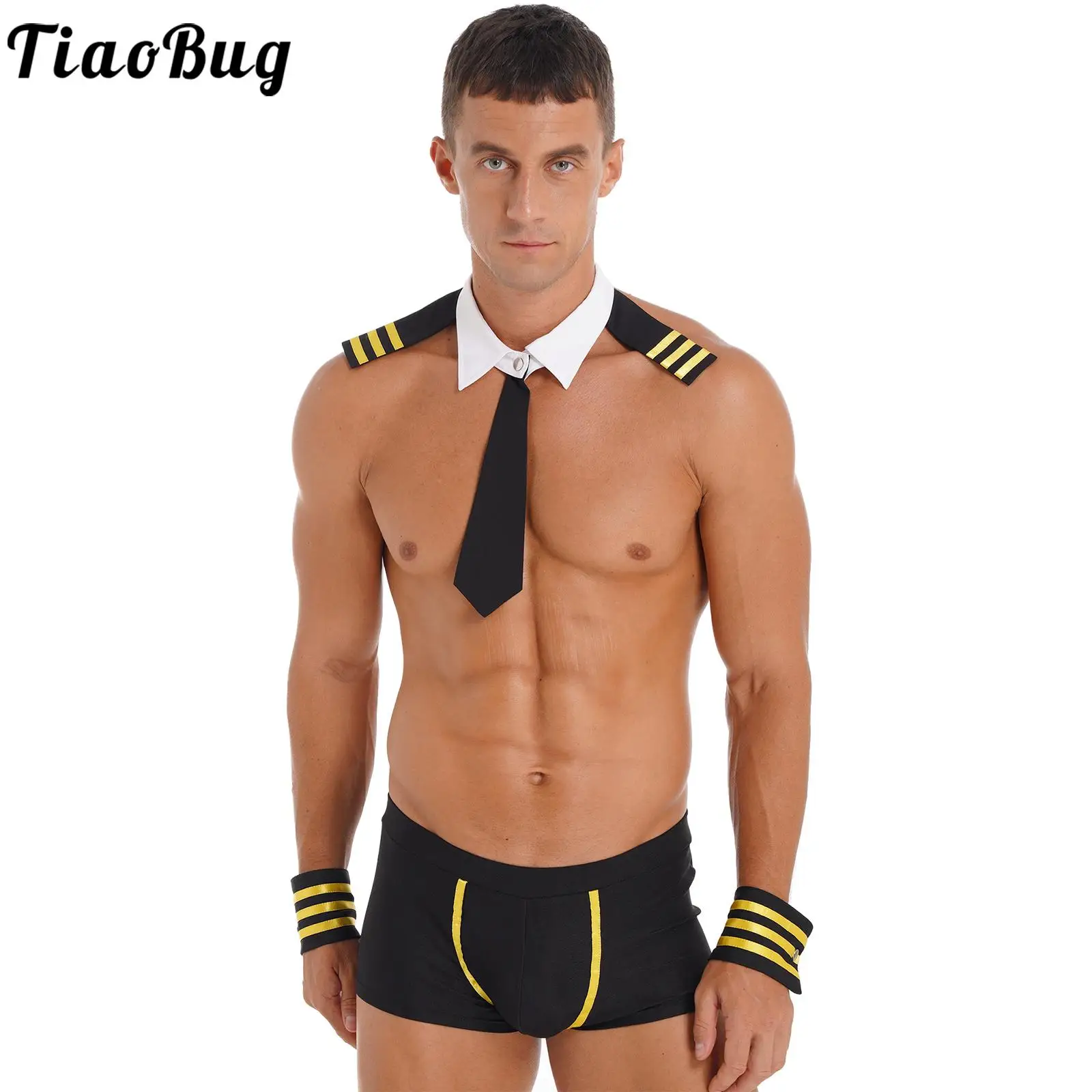 

Tiaobug Mens Captain Cosplay 3Pcs Costumes Detachable Collar Striped Cuffs Low Rise Elastic Waistband Boxer Shorts Nightwear