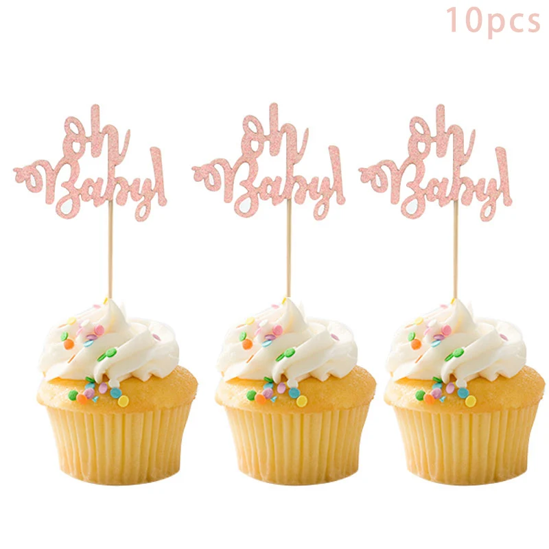 

10pcs Glitter Oh Baby Cupcake Topper Boy Girl Baby Shower Gender Reveal Kids 1st Birthday Party Decoration Cake Decor Supplies