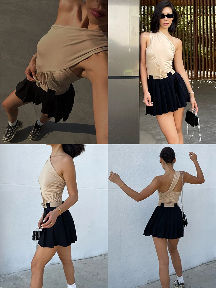 VanessaLab Summer Neck Hanging Single Shoulder Pleated Elastic Nude Color Backless Niche Design Vest Base camisole tank