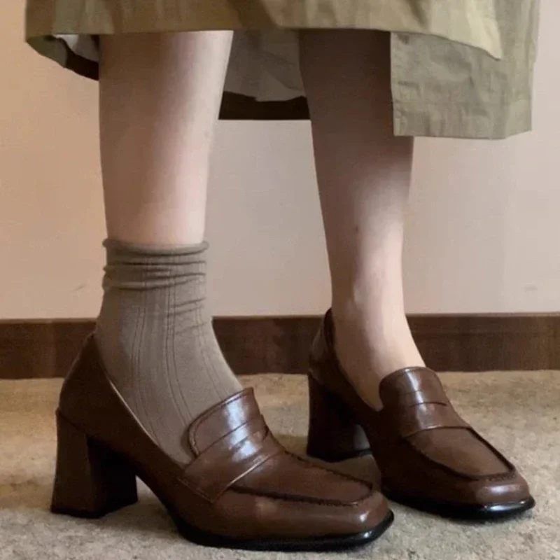 

Осенние женские туфли на высоком каблуке, Новая модная женская обувь без застежек на массивном каблуке, классические туфли мэри джейн для студентов