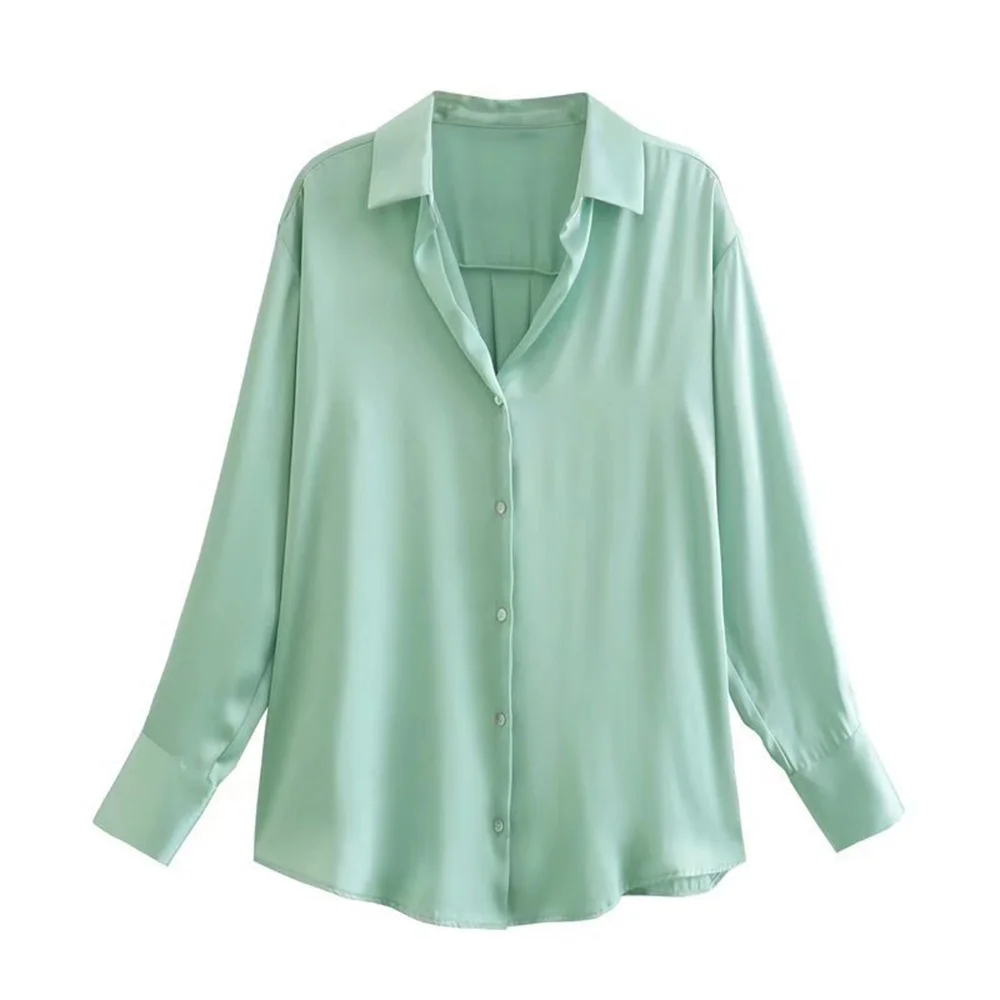 

Women Blouse Solid Color Loose Slim Long Sleeve Silk Satin Texture Shirts Ladies Spring New Single Breasted Lapel Cardigan Top