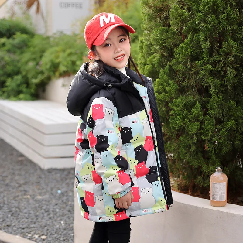 

2023 Korean Style Girl Winter Jacket Cartoon Bear Hooded Thicken Warm Down Jacket For Girl 2-8 Years Little Girl Parka Outfit