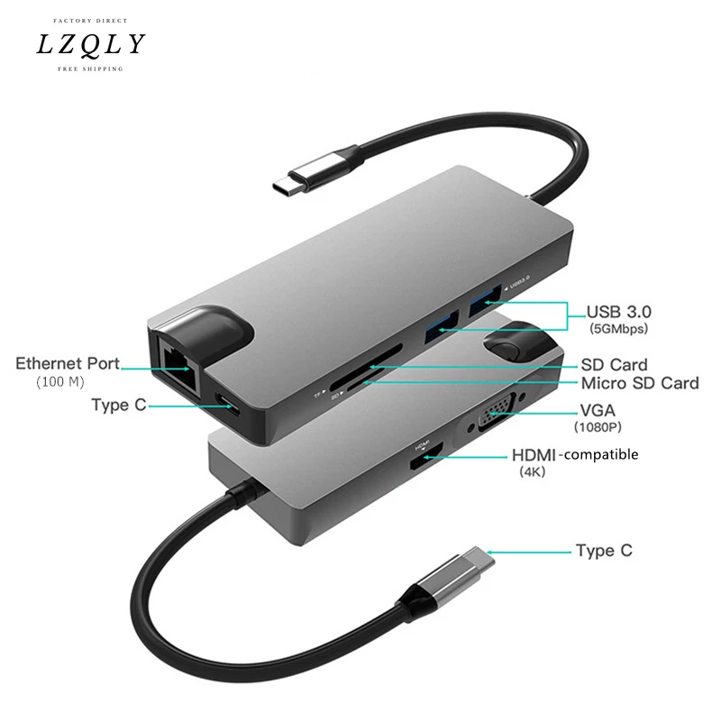 

LZQLY Type-C to RJ45 Ethernet 4K HDMI-compatible VGA USB C 3.0 SD TF Dock Hub for MacBook Samsung S20 Dex Xiaomi 11 TV PS5