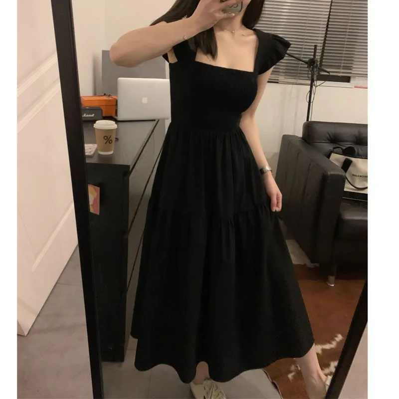 

2023 Giant Slim-looking Heavy Industry Small Flying Sleeve Double-sided Cable-tied Paper Black Long French Hepburn Dress/S-XL