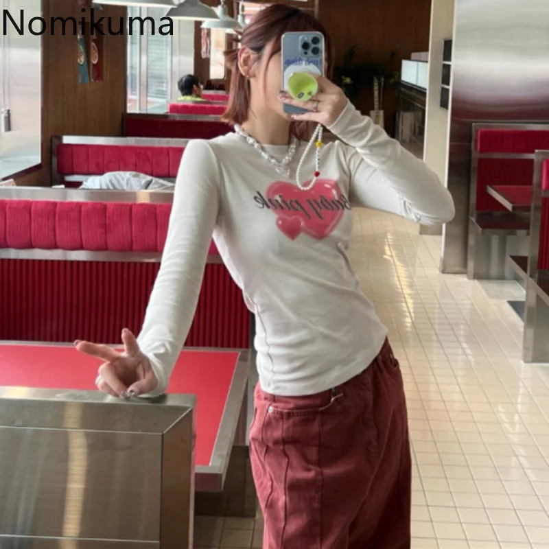 

Топы Nomikuma Y2k, весна-осень, контрастные цветные тонкие футболки с буквенным принтом, модные сексуальные уличные повседневные футболки в стиле Харадзюку с длинным рукавом