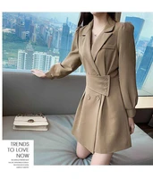 office lady khaki button blazer dress women long sleeve casual high waist belt dress elegant lapel work wear ol dresses fashion