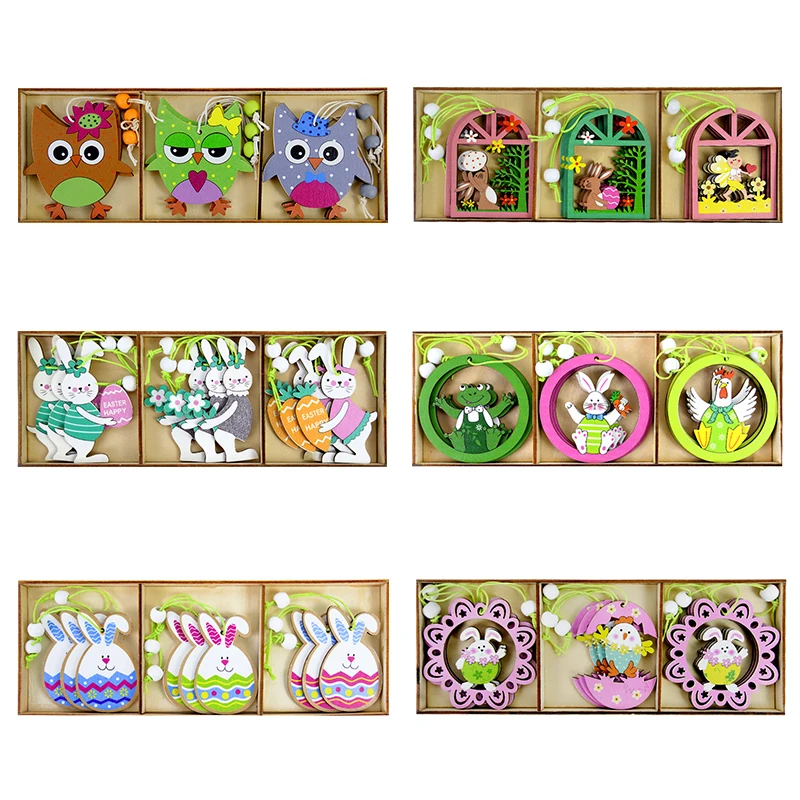 

9Pcs/Box Cute Rabbit Wooden Craft Pendant Easter Egg Chick Carving Ornaments Festive Home Decoration Indoor Outdoor Supplies