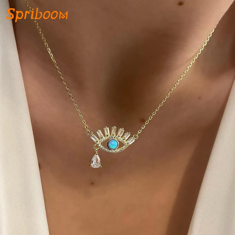 

Blue Evil Eye with Tears Neckalces Zircon Eyelashes Crystal Tear Pendant Necklace for Women Exquisite Boho Jewelry Choker Gifts