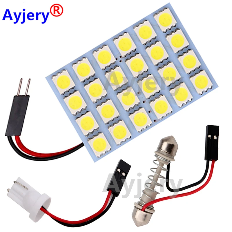 

AYJERY 100pcs T10 W5W C5W Festoon 2 Adapter Base 24 SMD 5050 LED Auto Panel Light Reading Dome Bulb Car Interior Roof Map Lamp