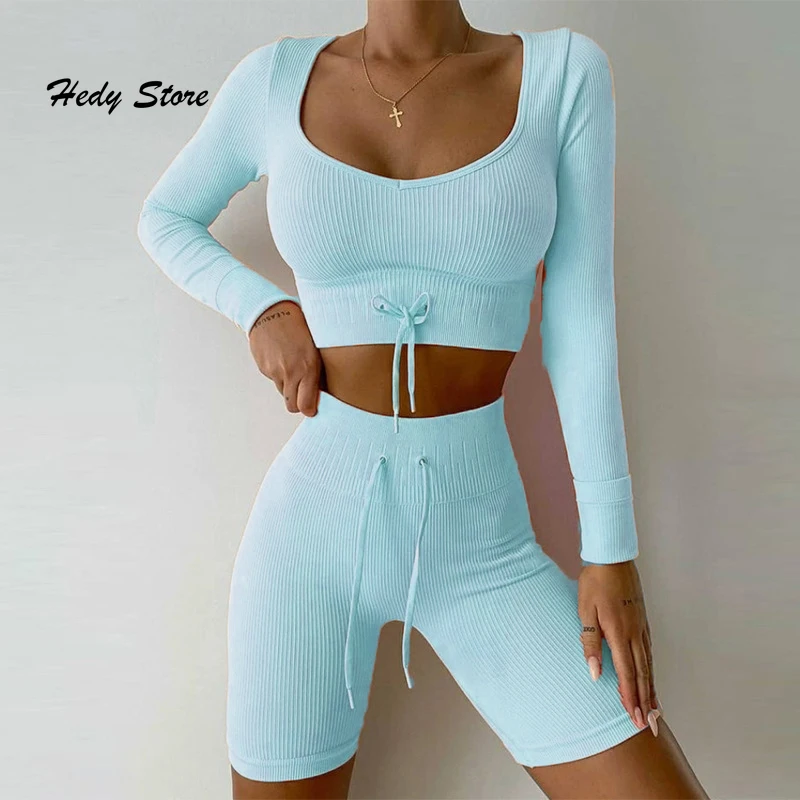 

Women Seamless Yoga Sets 2Pcs Workout Gym Suits Bubble Butt Sports Pants+Long Sleeve Tops With Drawstring Quick Dry Running Sets
