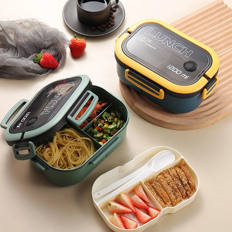 

Lunch Box 2 Layers Grids Student Office Worker Microwave Hermetic Bento Box Outdoor Picnic Fruit Food Container with Fork Spoon