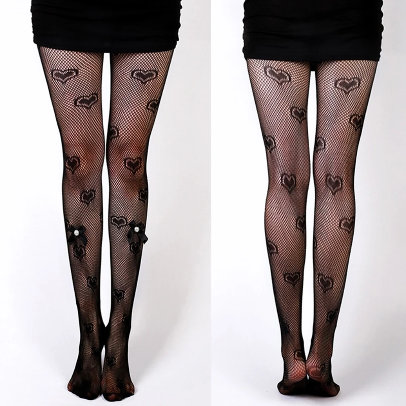 

Japanese Gothic Women Sexy Sheer Fishnet Mesh Tights Black Heart Jacquard Patterned Stockings Bowknot Pantyhose Clubwear 37JB