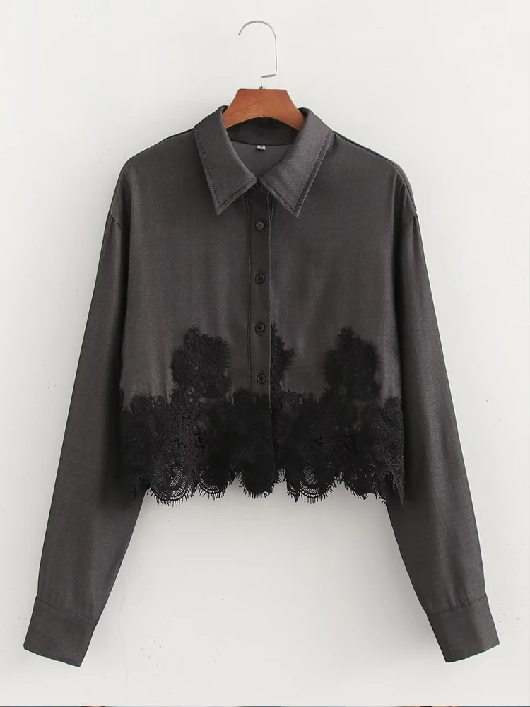 Женская блузка с длинным рукавом и отложным воротником в стиле пэчворк