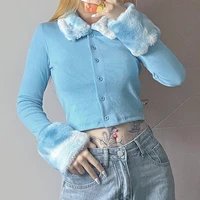 womens 2021 autumn and winter new fashion short style slim plush lapel long sleeved single breasted cardigan knitted jacket