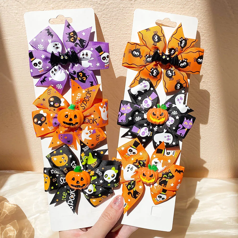 

3.4 inchs Halloween Decoration Grosgrain Ribbon Hair Bows For Baby Girls Ghost Pumpkin Pinwheel Hair Clips Hair Accessories