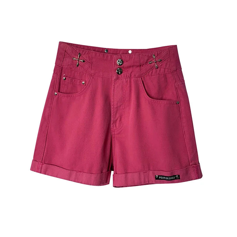 2023 Summer New Design Sense Large Size Denim Shorts Women's Rose Red High Waist Slim Straight Leg Pants Fashion