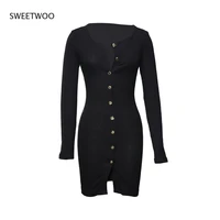 black sexy bodycon button knitted mini dress autumn ong sleeve v neck slim dresses for women 2022 solid office slit robe femme