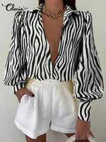 women fashion zebra printing shirts celmia 2022 summer lapel long puff sleeve chemise elegant lady buttons streetwear blouses