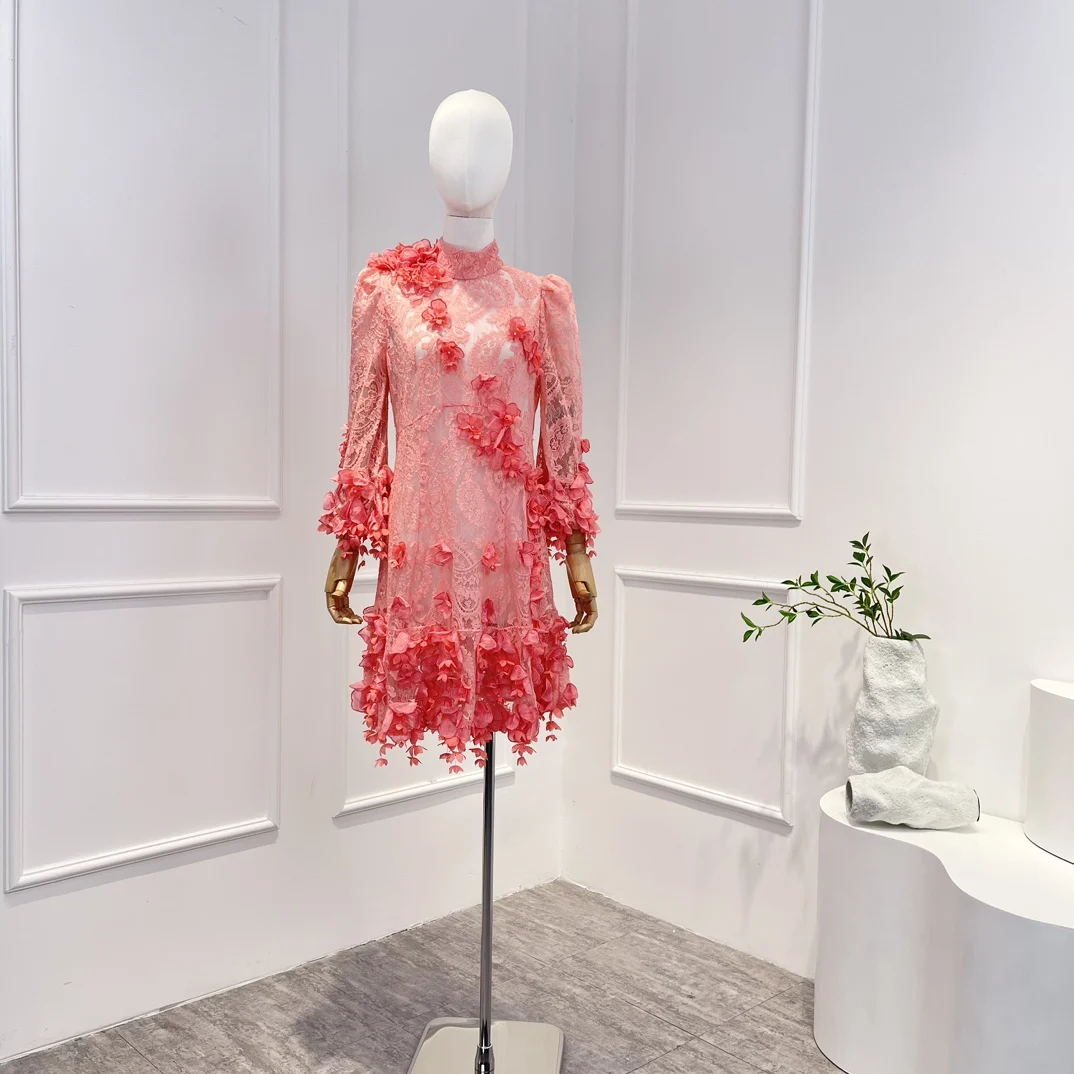 

2023 Pink New Top Quality Spring Summer Vintage Appliques Long Sleevelve Pearl Woman Mini Dress