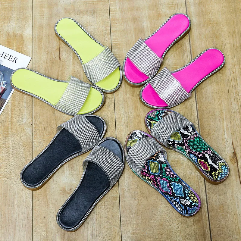 

Rubber Flip Flops Snakeskin Shoes Woman's Slippers Big Size Glitter Slides Shallow Hawaiian 2022 Flat Jelly Summer Crystal PU