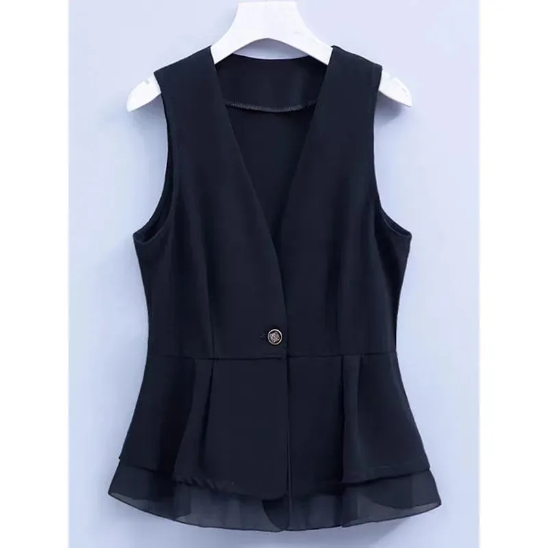 

2023 Ruffles Chiffon Waistcoat Female Hot Sale Short Women's Vest Spring Black Sleeveless Jacket Single Button Slim Veste Femme