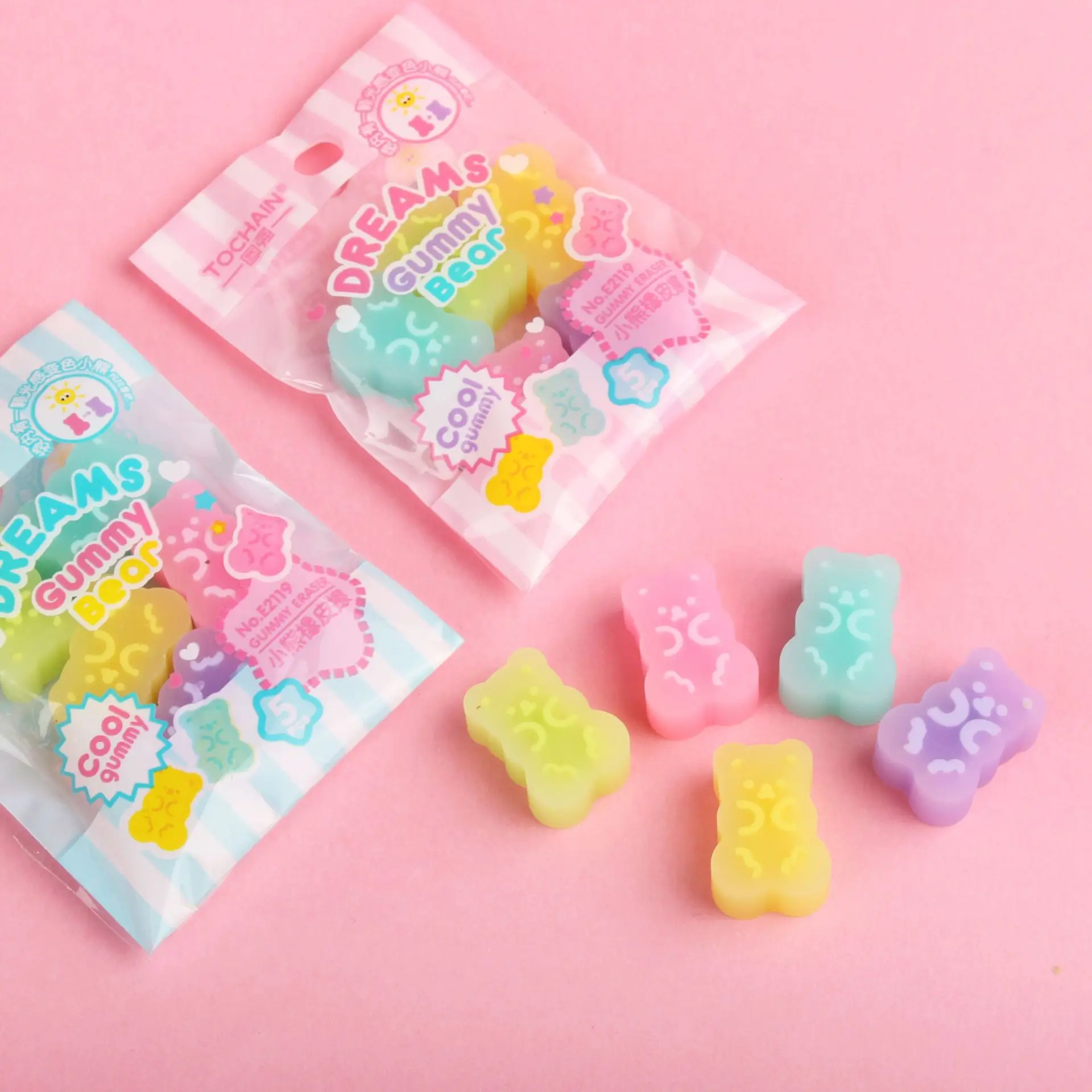 

5 Pcs/bag New Translucent Solid Color Bear Eraser Soft Easy to Wipe Children's Learning Rubber Cartoon Erasers Stationery