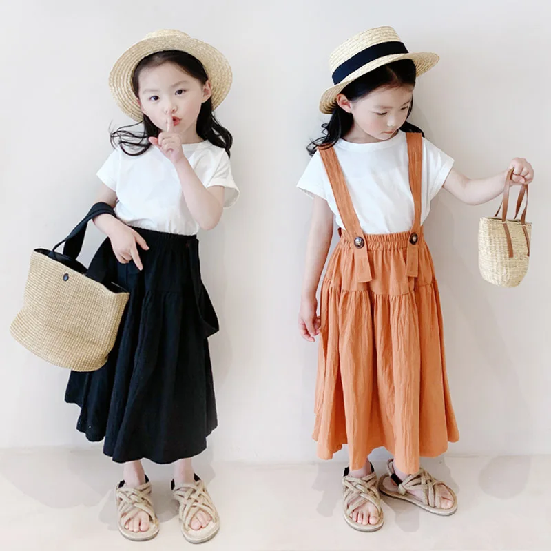 

Summer Mother Daughter Dress Japanese Cotton Hemp Solid Color Long Variety of Wearing Methods Girls' Suspender Skirt 2022 New