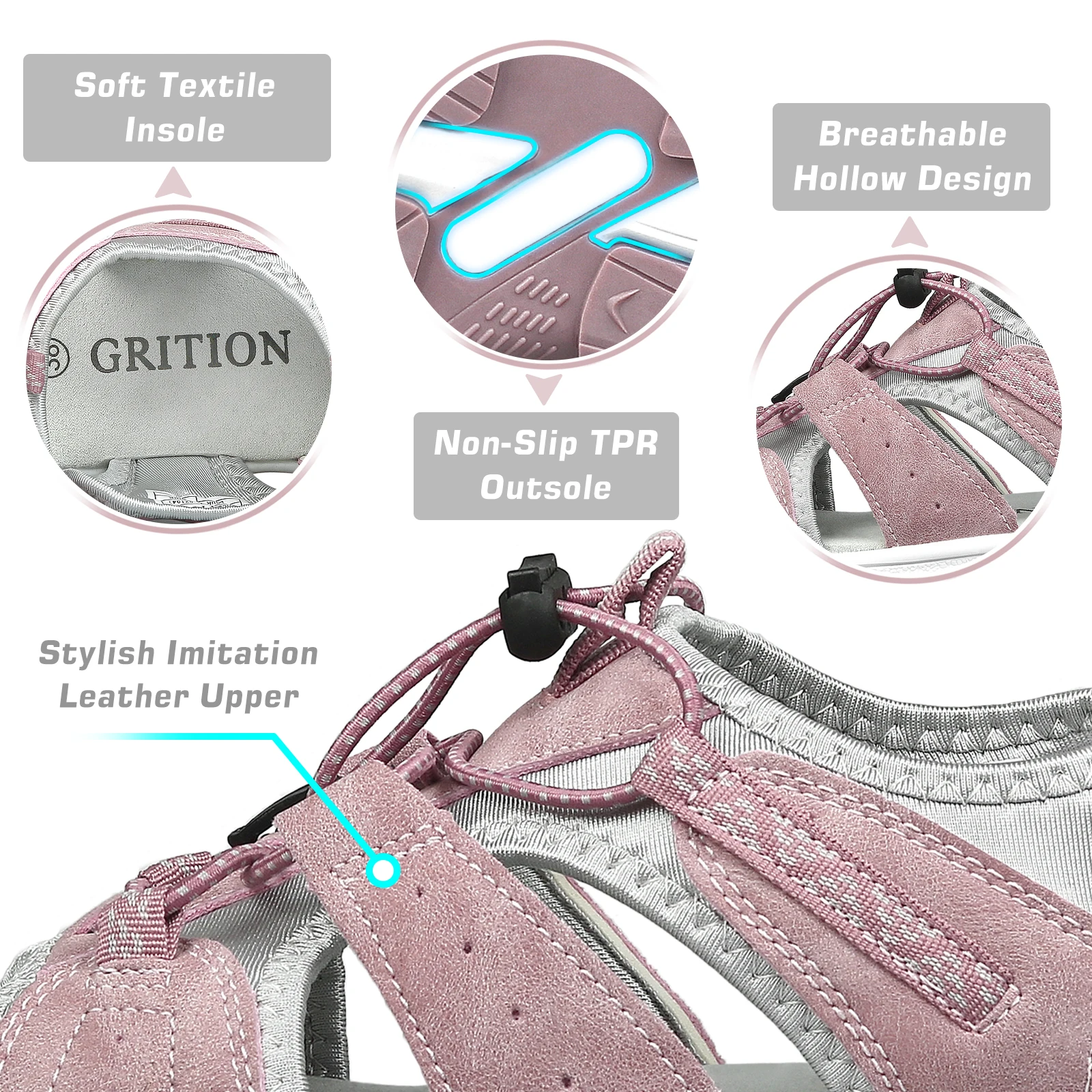 GRITION Womens Summer Sandals 2022 Casual Beach Shoes Non Slip Sports Outdoor Hiking Trekking Fashion Breathable Pink Size 36-41