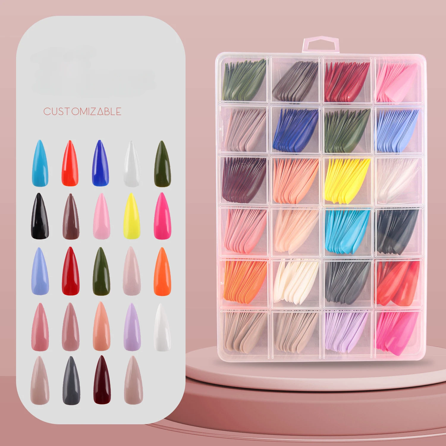 

Reusable Glossy/Frosted Press on Nails Long Coffin Stiletto Mix Color False Nail Tips 24 Grid Artificial Fingernails Fake Nails