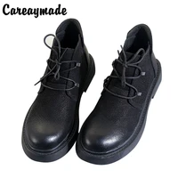 careaymade new genuine leather retro round head short boots female literature and art rubbing flat bottom martin boots leisure