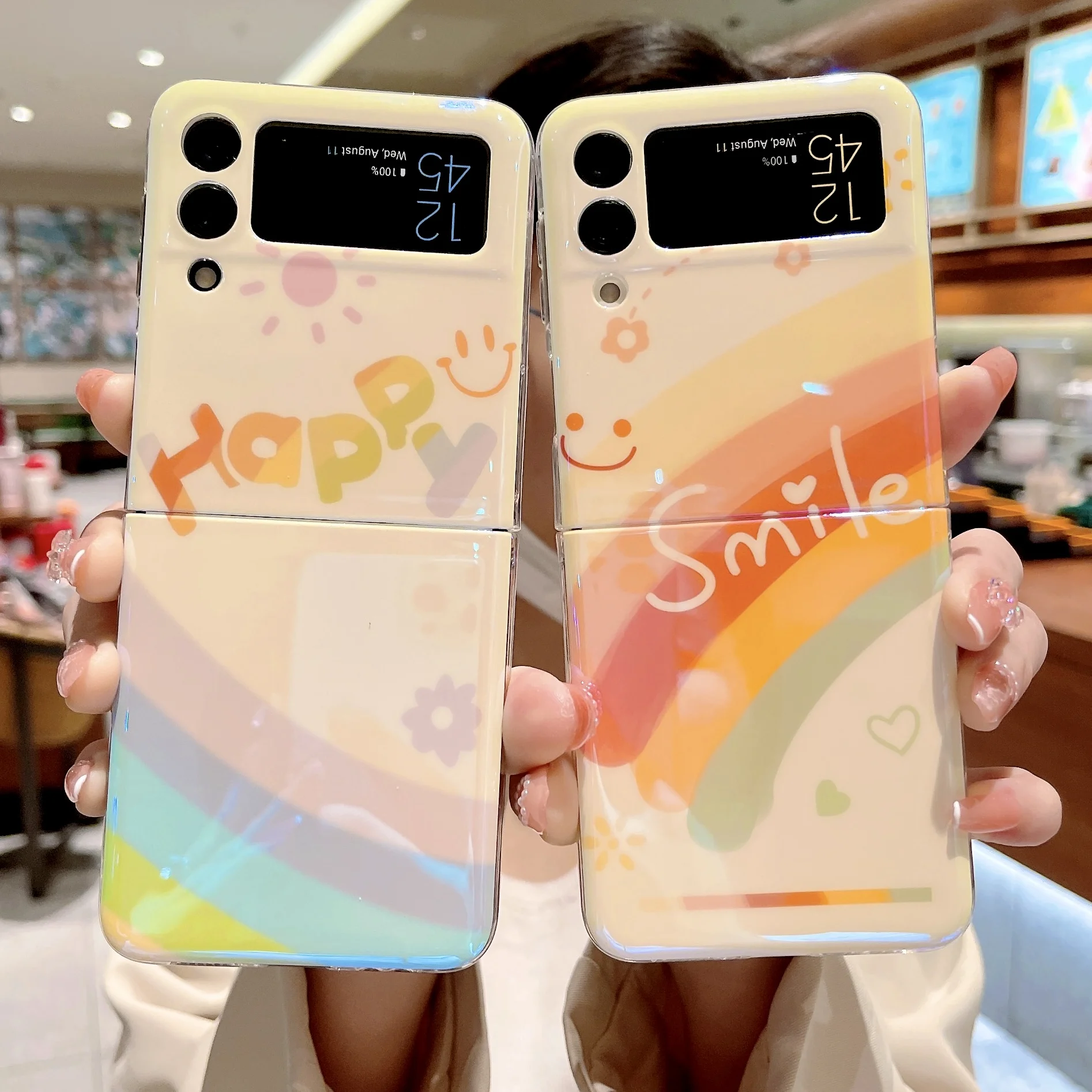 Cute Colorful Smile Flower Laser Phone Case For Samsung Galaxy Z Flip 3 5G Cover For ZFlip3 Flip3 Rainbow Floral Protective Capa