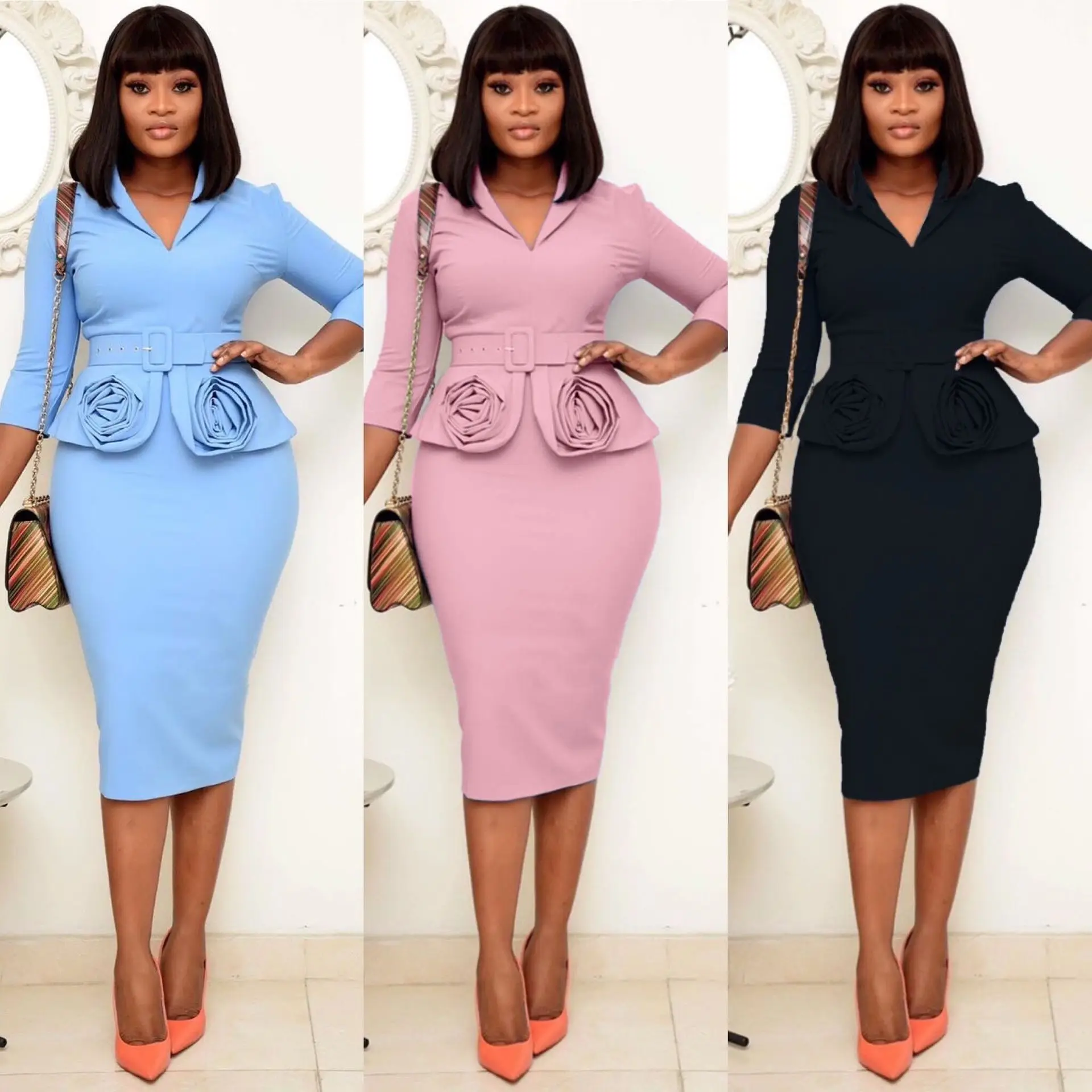 

African Style Dress for Women Office Ladies Fashion Elegant Pencil Summer Y2K Dress With Belt Femme Robe Africa Clothing Vestido