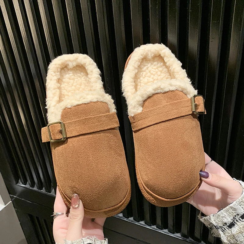 

Women's Fur Mule Clogs Closed Toe Plush Slide Ladies Brand Design Winter Outdoor Indoor Platform Furry Slippers Warm Home Shoes