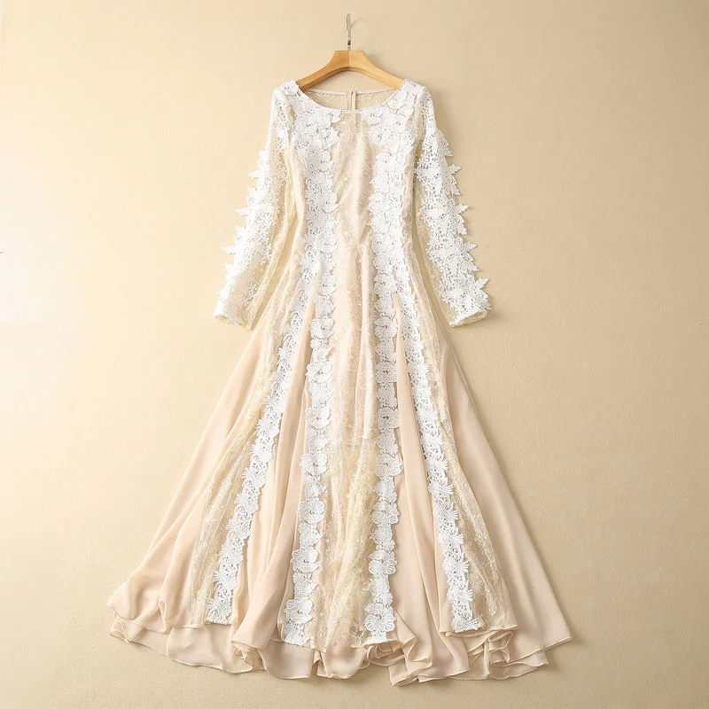European and American women's clothes 2023 spring new Long sleeve hollowed out embroidery fashion Pleated Dress XXL