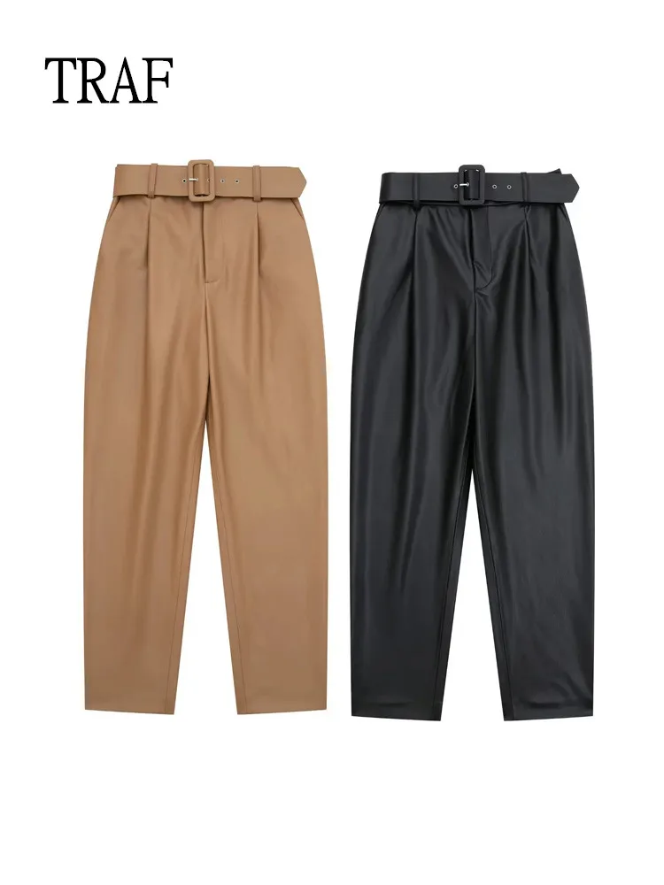 

TRAF Women Black Leather Pants 2022 Vintage Winter High Waist PU Trousers Woman Clothing Ruched Pencil Pants Streetwear