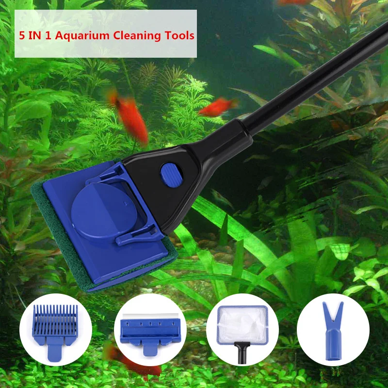 

5 in 1 Aquarium Cleaning Tools Aquarium Tank Clean Set Fish Net Gravel Rake Algae Scraper Fork Sponge Brush Glass Cleaner