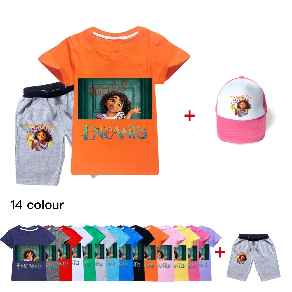 

2022 New Disney Encanto Boys Girls Boys Set Cartoon Print 3 Piece Short Sleeve T Shirt + Hat + Pants Tracksuit 2-16 Years