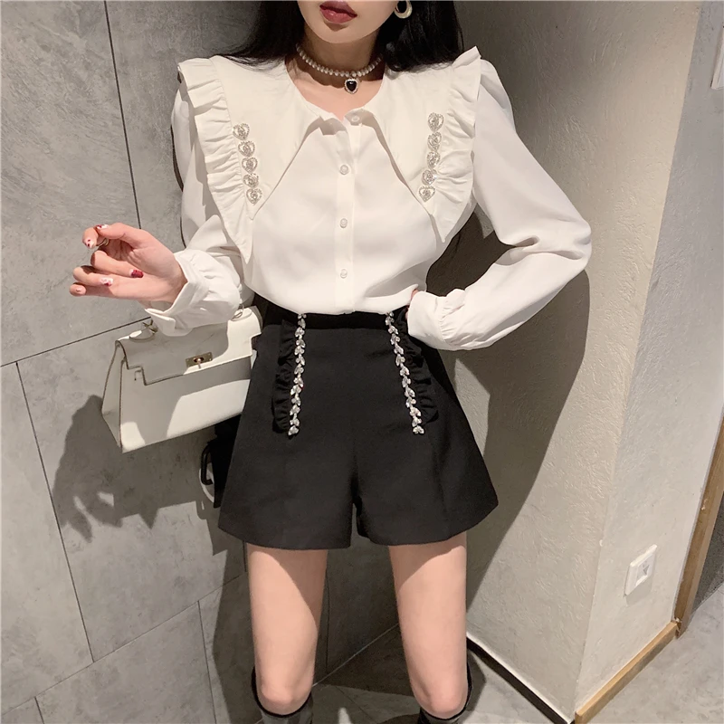 

Chiffon Women's Blouse Slim Fit Korean Style Shirt Summer White Elegant High Street Top Loose Female Clothing Turn-down Collar