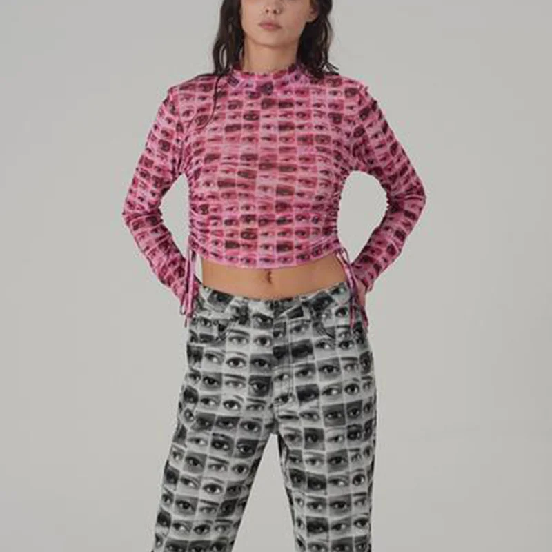 

Harajuku Women Aesthetic Print Mesh Crop Tops Long Sleeve See-through Pullovers Vintage Drawstring Kawaii T-Shirts Streetwear
