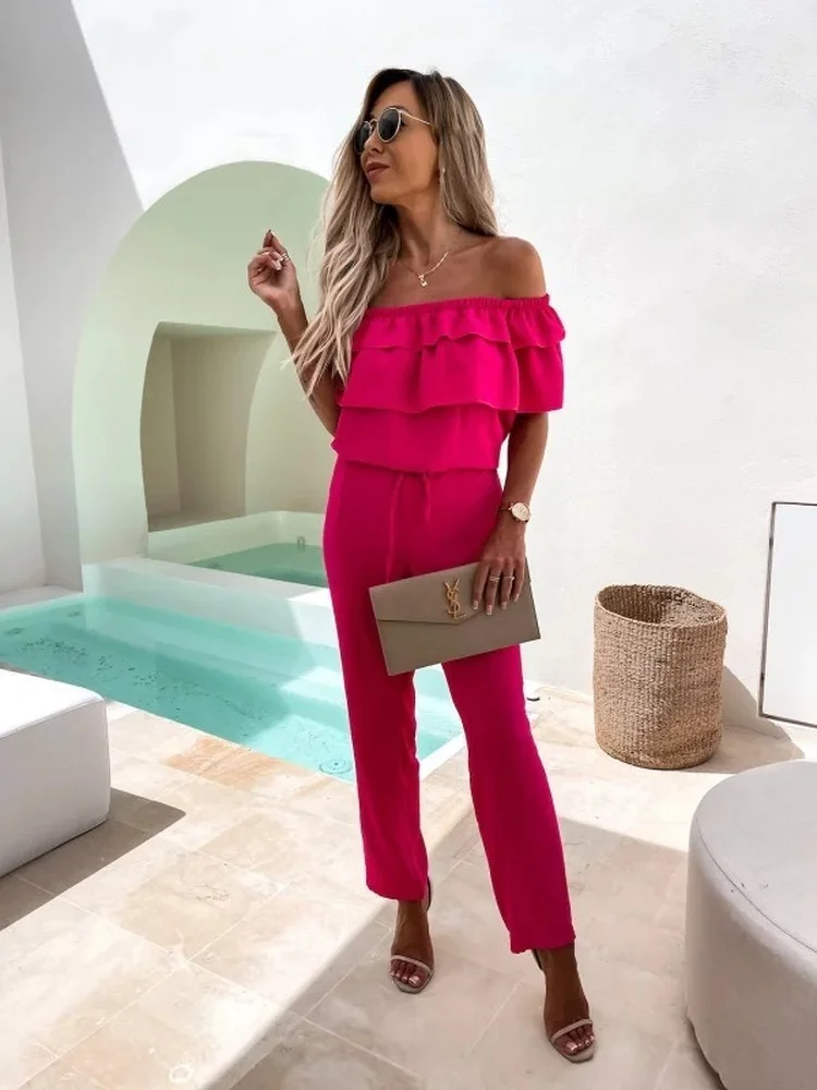 

Mandylandy Women Elegant Summer Ruffle Jumpsuit Fashion Female Y2K Off Shoulder High Waist Corset Straight Pants Romper Overalls