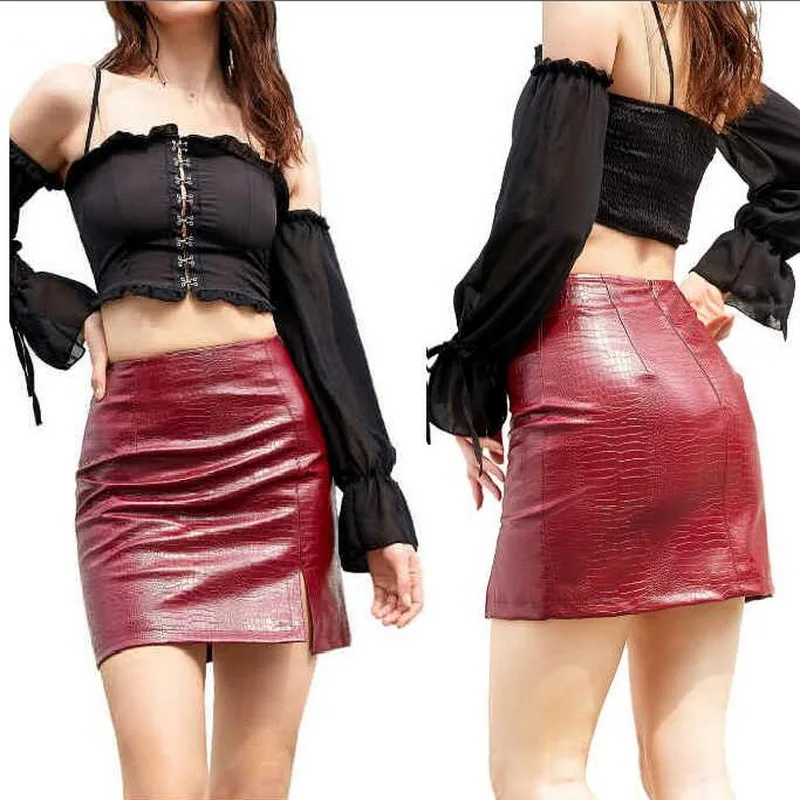 Женская короткая юбка из искусственной кожи с крокодиловым узором разрезом