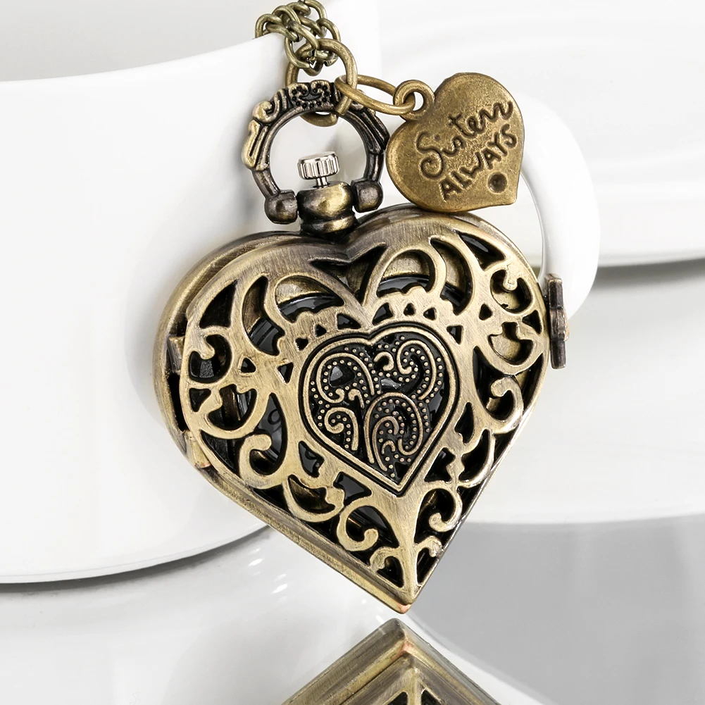 

Bronze Hollow Heart Pocket Watch Thin Chain with Heart Tag Vintage Necklace Pendant Clock Gift Quartz Pocket Watch Numerals Dial