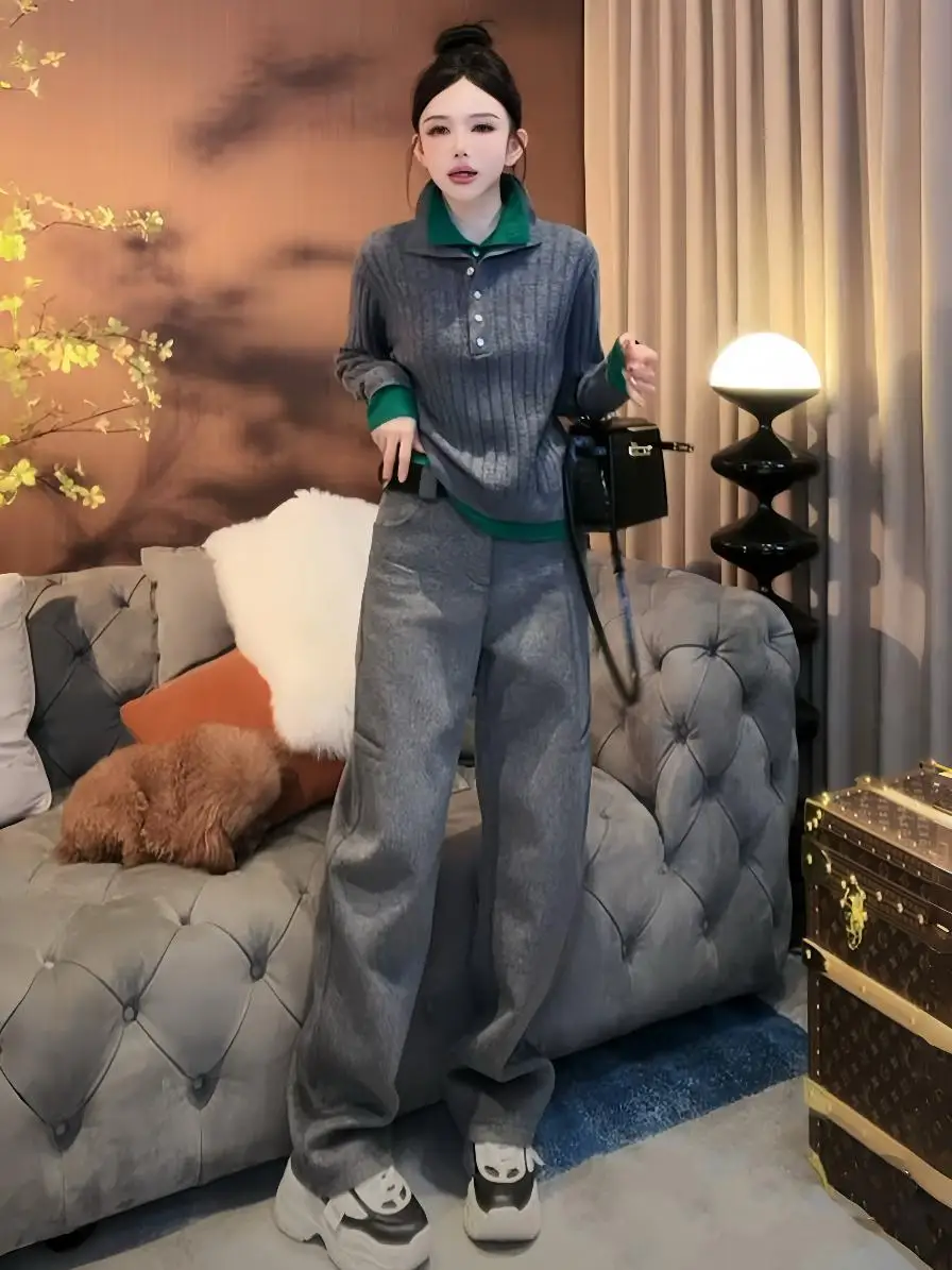 2024 Autumn and Winter New Age-Reducing Fashion Gray Knit Women High-Grade Versatile Loose Casual Pants Two-piece Suit