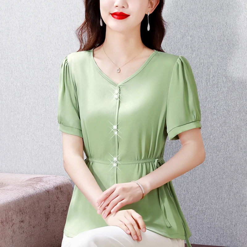 

2023 Summer Silk Satin Shirt New Fashion V-neck Short Sleeve Women Blouse Lace Up Casual Female Tops Blusa