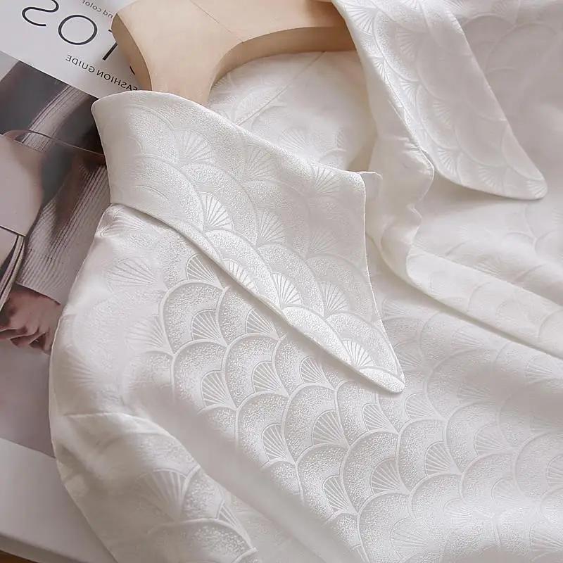 

Elegant Long Sleeve Silk Woman Blouse White Jacquard Office Button-Up Shirts Women Fashion Print Ladies Tops Blusas Mujer 25255