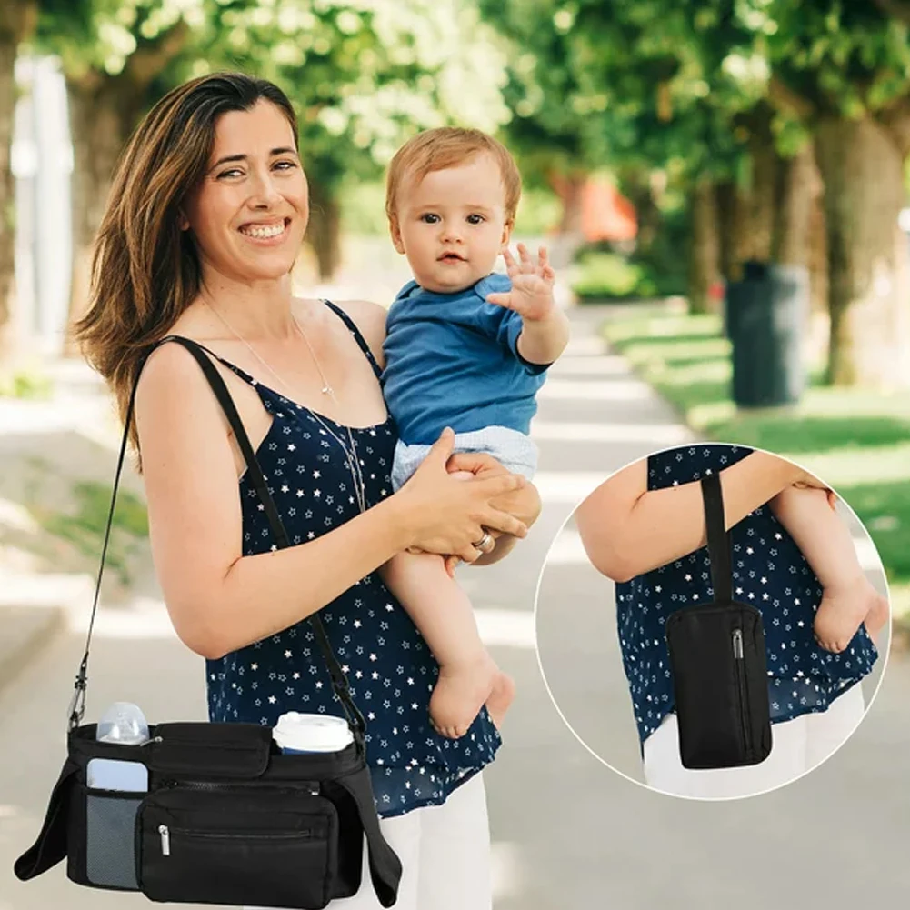 

Diaper Storage With Insulated Cup Holder Baby Stroller Organizer Shoulder Strap Multi Compartments Durable Universal Pushchair