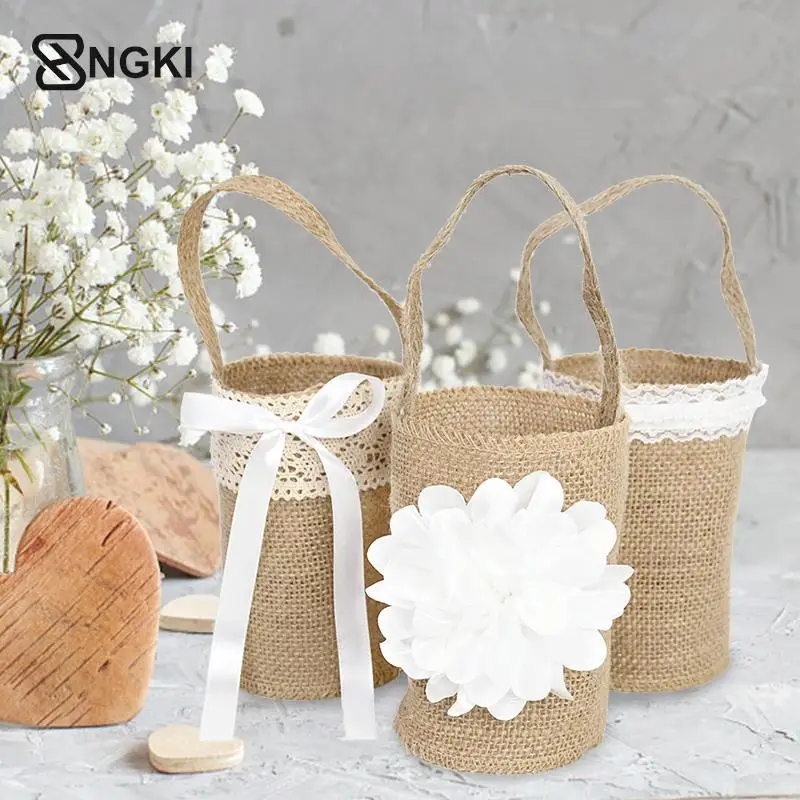 

Vintage Flower Basket Burlap Jute Roses Rustic Wedding Flower Girl Basket With Lace Satin Wedding Party European Style Decor