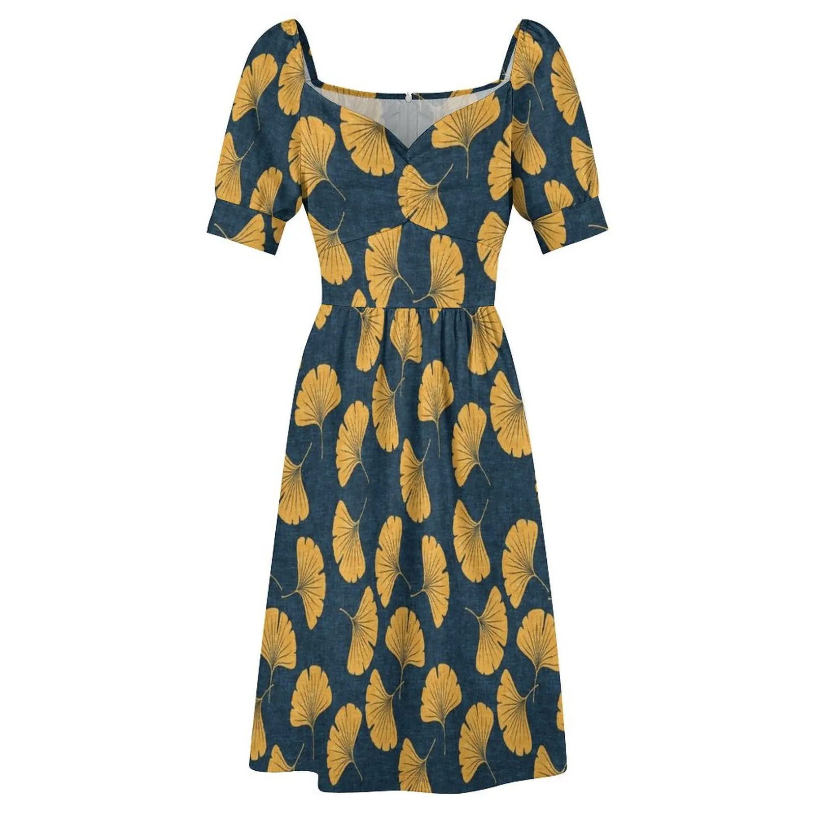 Гинкго билоба - листья гинкго синее платье с короткими рукавами Элегантные